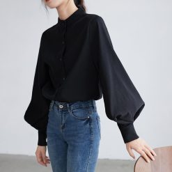 Mandarin Collar Lantern Sleeve Blouse for Women